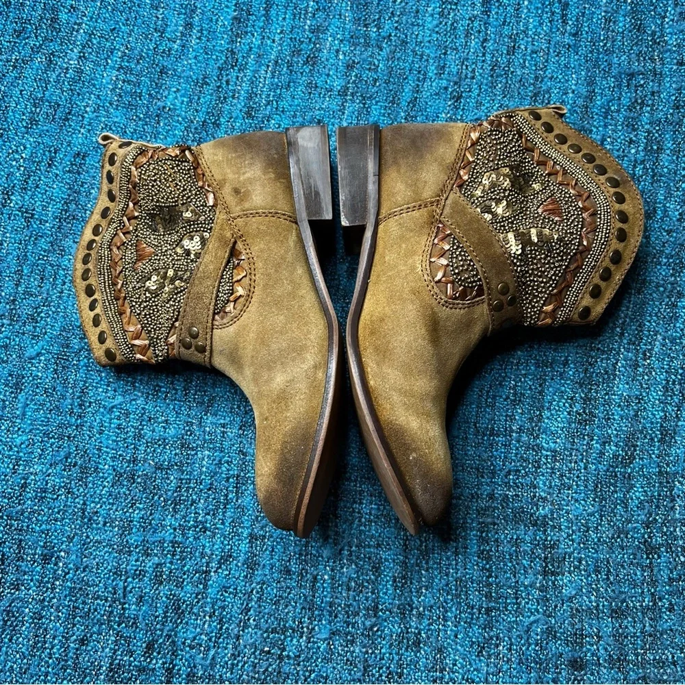 Naughty Monkey Beaded Leather Ankle Boots in Camel Brown Womens Size 8.5 Western